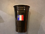 Black Plastic Party Cup with Acadian flag on it