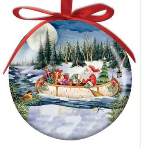 Ornament: Ball Santa in Birchbark Canoe
