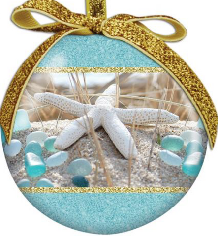Ornament: Ball Beach Walk Sea Glass with Gold Ribbon