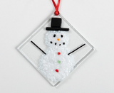 Fused Glass Ornament: Snow Man 3" Square Handmade in Nova Scotia
